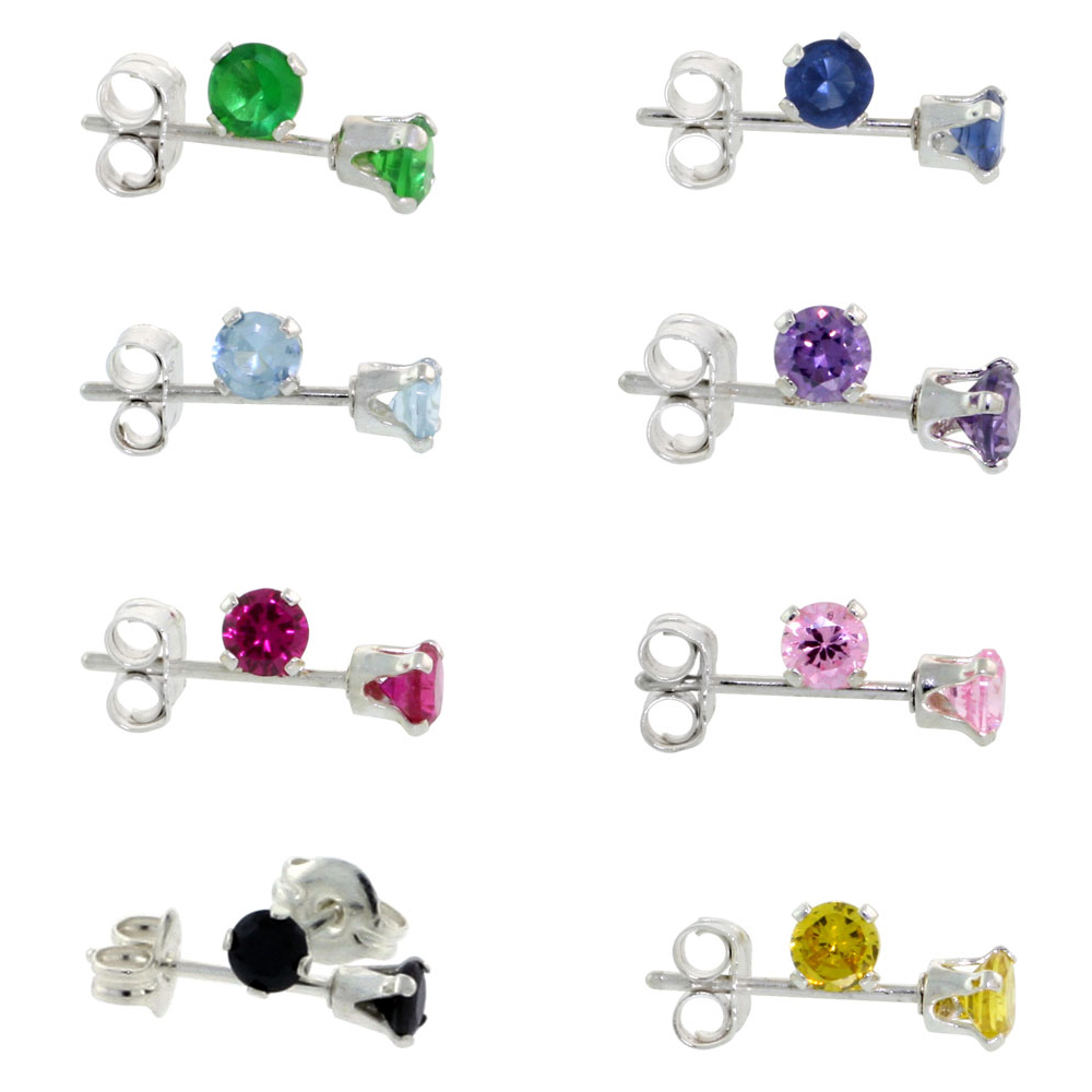 8-PAIR SET STERLING SILVER 3 MM CUBIC ZIRCONIA STUD EARRINGS 8 ASSORTED COLORS