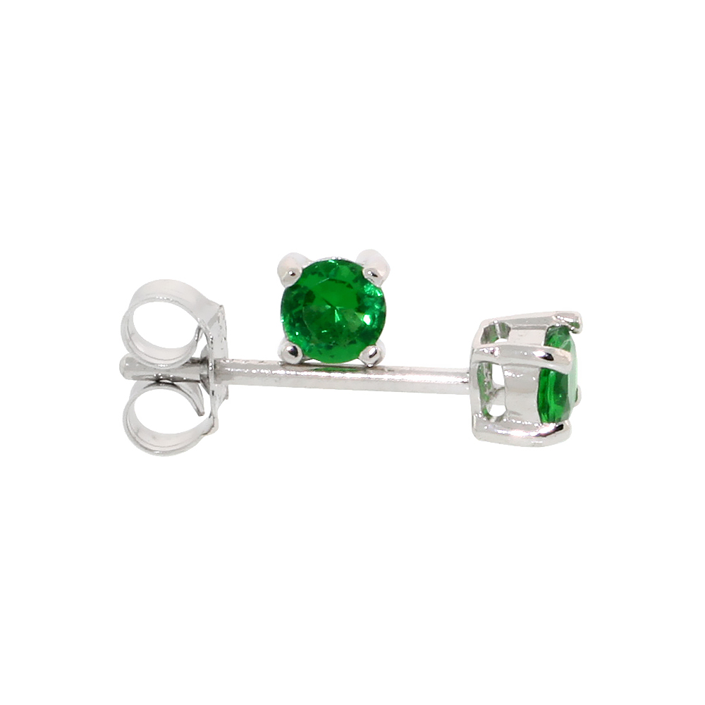 STERLING SILVER CZ EMERALD EARRINGS STUDS GREEN COLOR 3 MM PLATINUM COATED BASKET SETTING 1/5 CARAT/PR