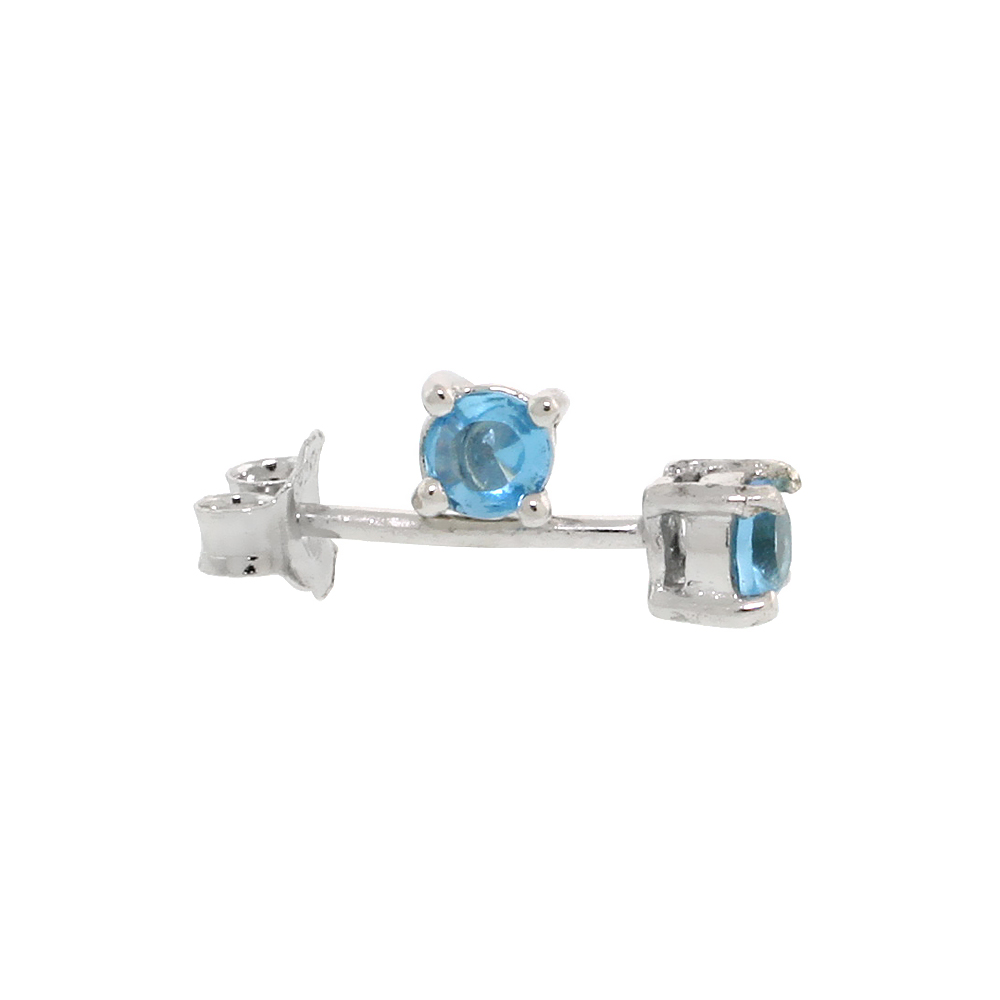 STERLING SILVER CZ BLUE TOPAZ EARRINGS STUDS BLUE COLOR 3 MM PLATINUM COATED BASKET SETTING 1/5 CARAT/PR