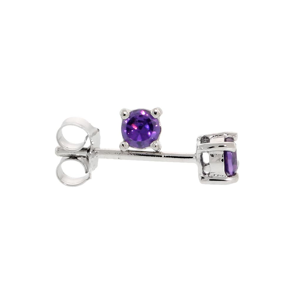 STERLING SILVER CZ AMETHYST EARRINGS STUDS PURPLE COLOR 3 MM PLATINUM COATED BASKET SETTING 1/5 CARAT/PR