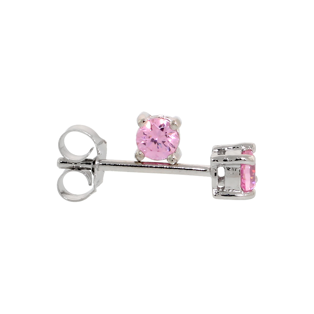 STERLING SILVER CZ PINK EARRINGS STUDS PINK COLOR 3 MM PLATINUM COATED BASKET SETTING 1/5 CARAT/PR