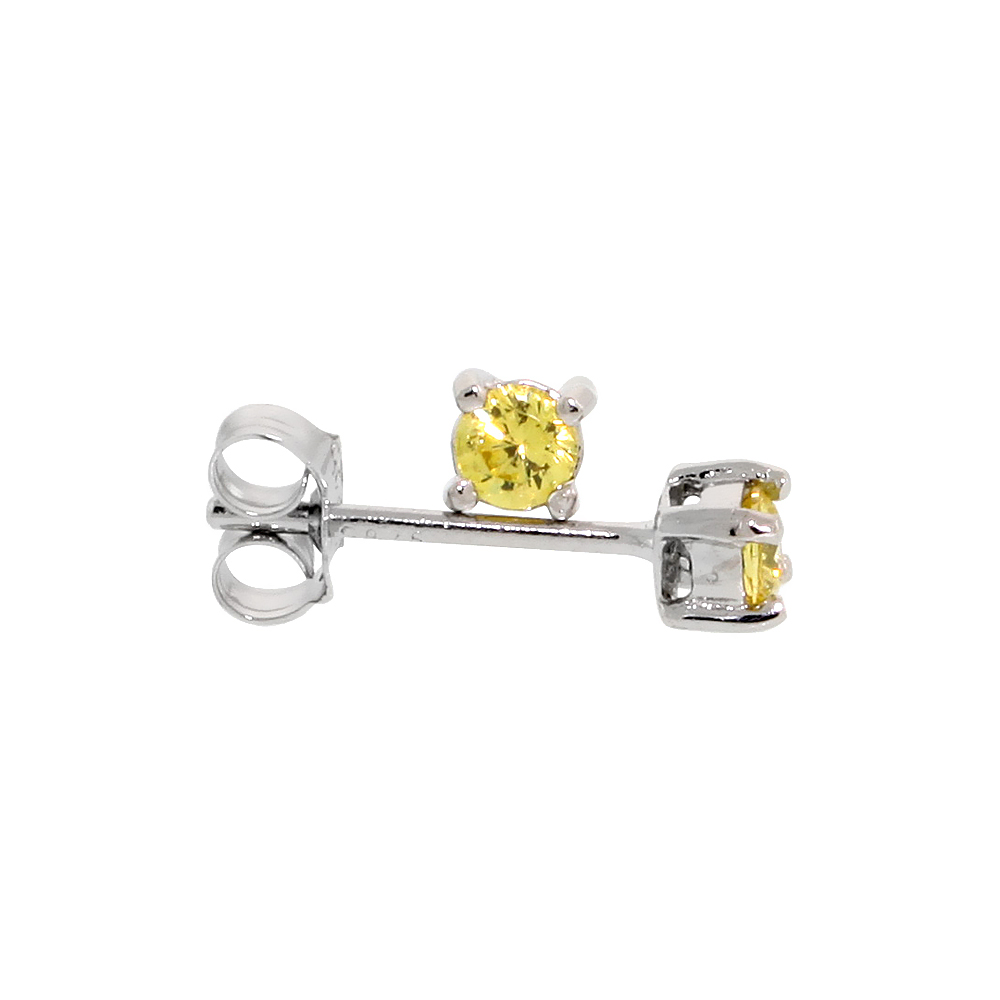 Sterling Silver CZ Citrine Earrings Studs YellowColor 3 mm Platinum Coated Basket Setting 1/5 carat/pr