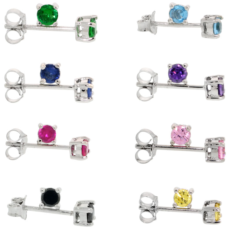 8 Colors Set Sterling Silver CZ Stud Earrings 1/4 carats/pr Basket Setting Rhodium Finish Assorted Colors