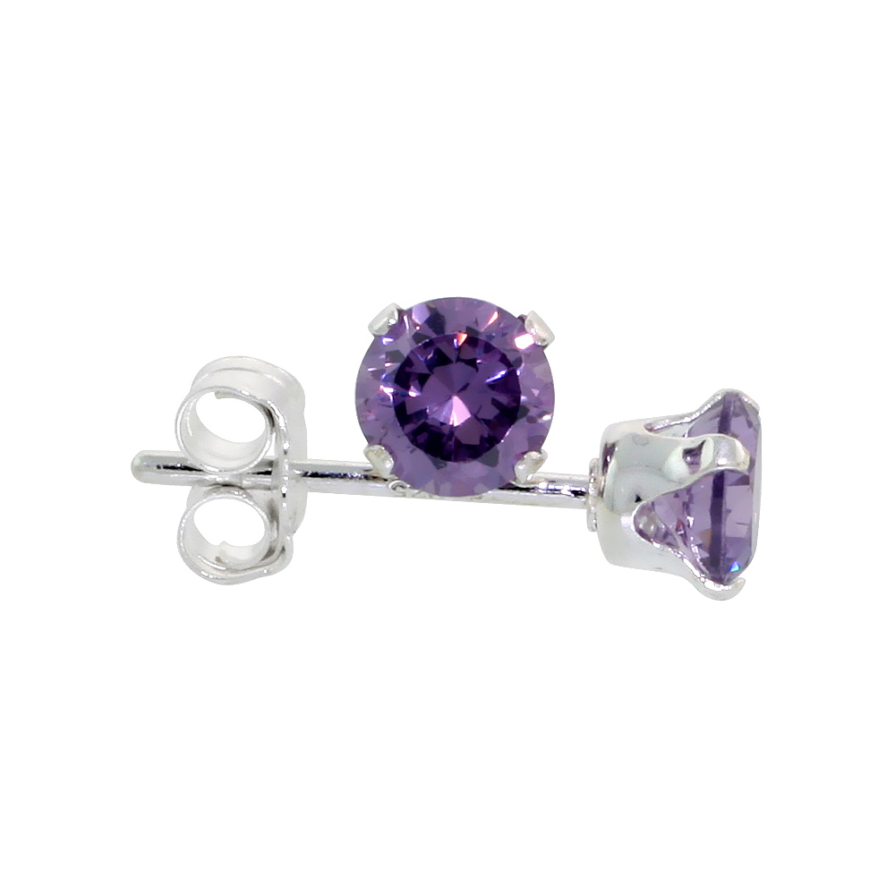 STERLING SILVER CUBIC ZIRCONIA AMETHYST EARRINGS STUDS 4 MM PURPLE COLOR 1/4 CARAT/PAIR