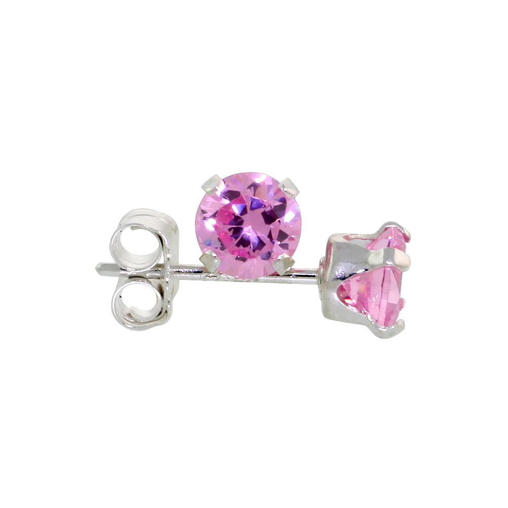 STERLING SILVER CUBIC ZIRCONIA PINK ZIRCON EARRINGS STUDS 4 MM PINK COLOR 1/4 CARAT/PAIR