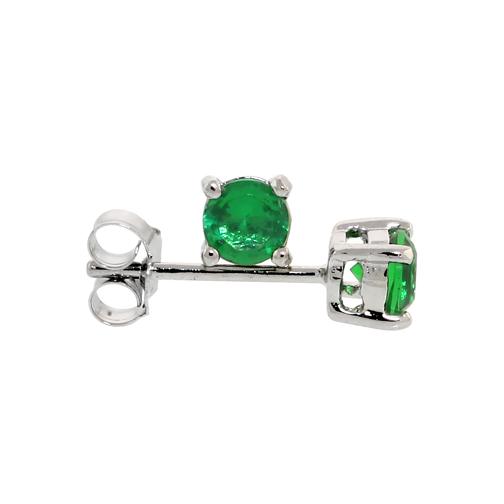 STERLING SILVER CZ EMERALD EARRINGS STUDS GREEN COLOR 4 MM PLATINUM COATED BASKET SETTING 0.5 CARATS/PR