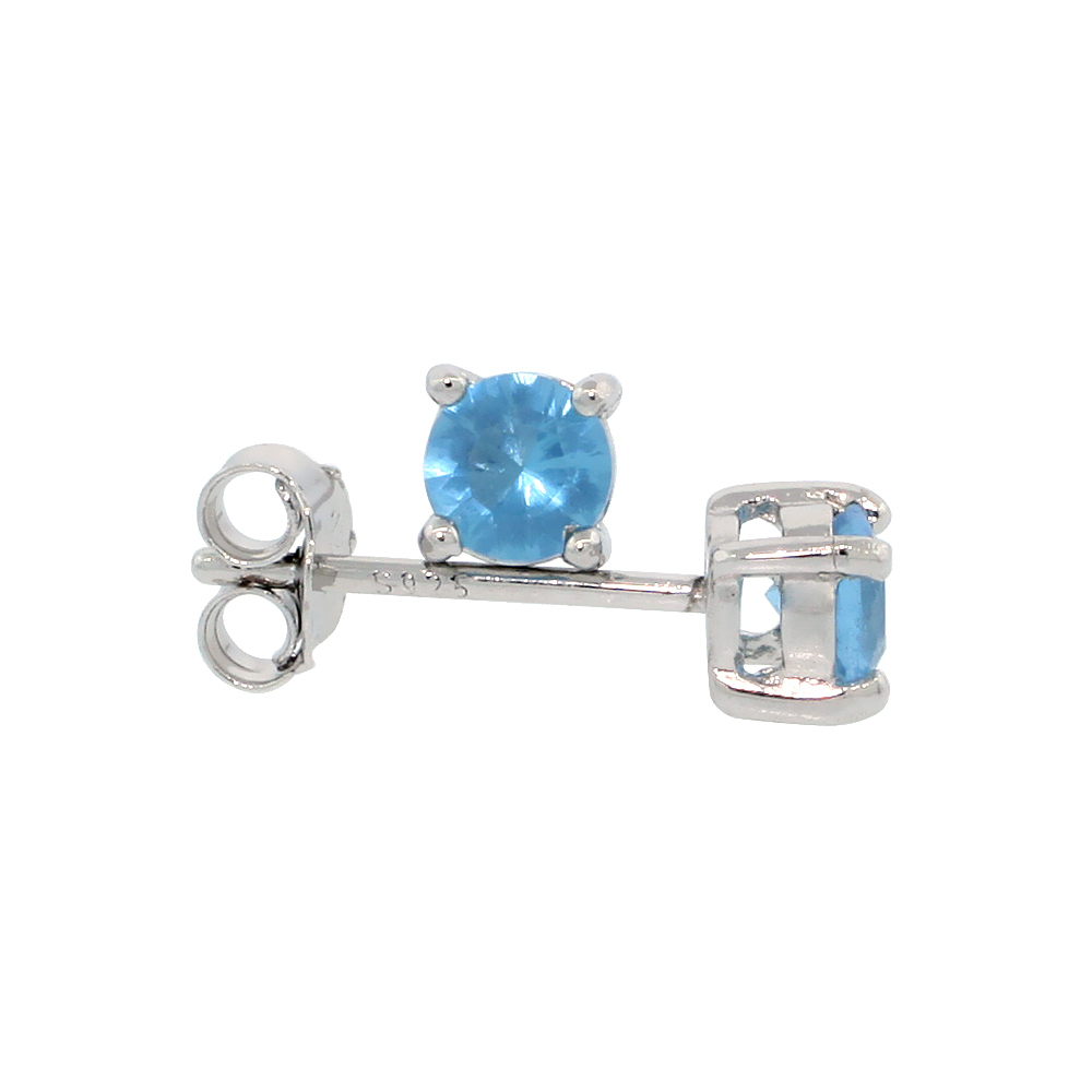 STERLING SILVER CZ BLUE TOPAZ EARRINGS STUDS BLUE COLOR 4 MM PLATINUM COATED BASKET SETTING 0.5 CARATS/PR