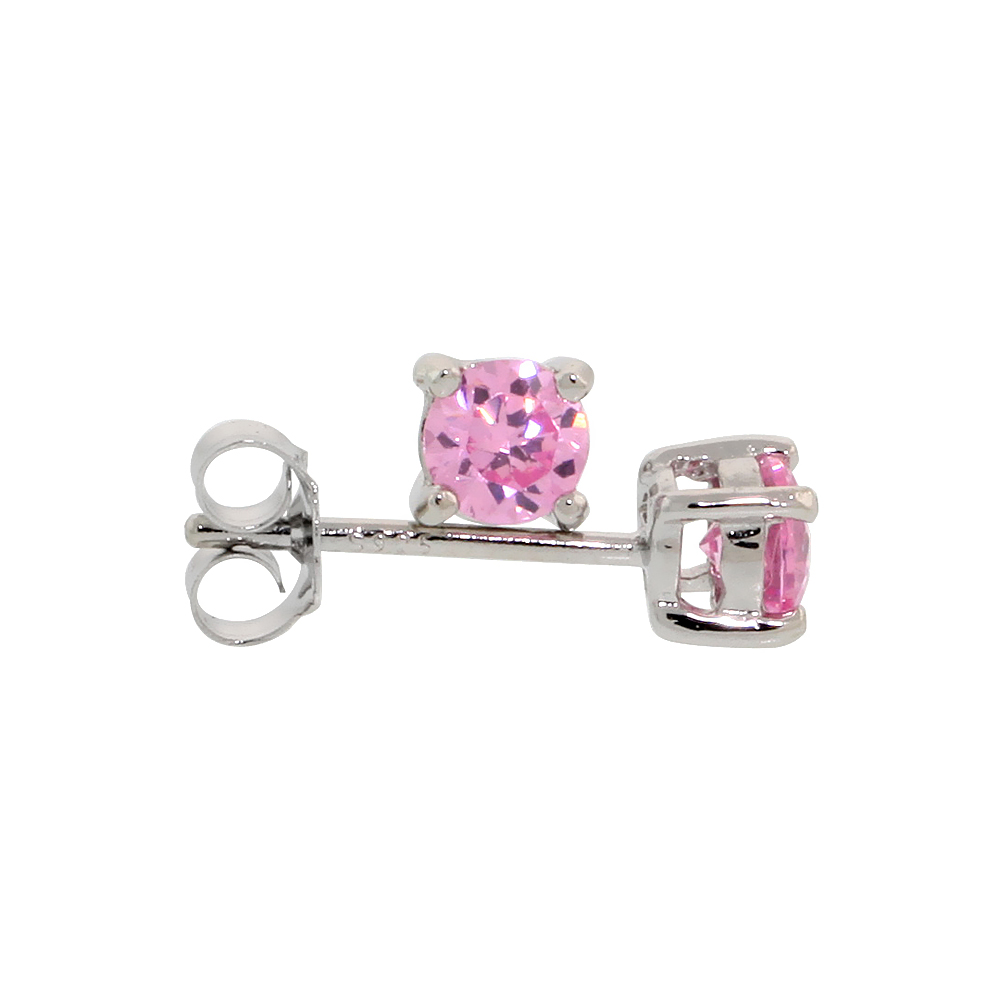 STERLING SILVER CZ PINK EARRINGS STUDS PINK COLOR 4 MM PLATINUM COATED BASKET SETTING 0.5 CARATS/PR