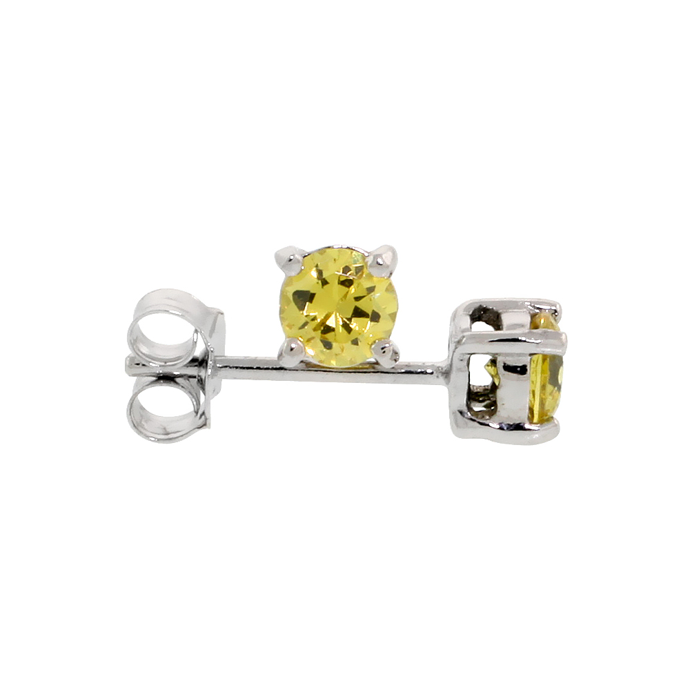 Sterling Silver CZ Citrine Earrings Studs YellowColor 4 mm Platinum Coated Basket Setting 0.5 carats/pr