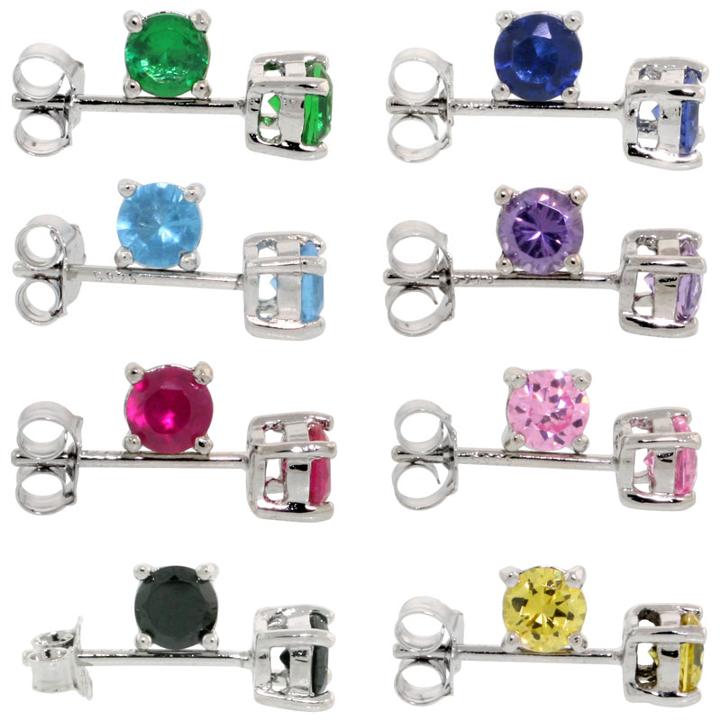 8 Colors Set Sterling Silver CZ Stud Earrings 1/2 carat/pair Basket Set Rhodium Finish Assorted Colors, 
