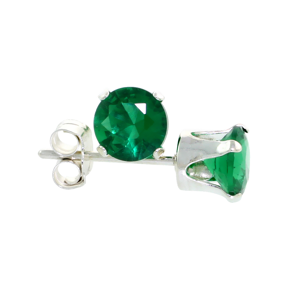 Sterling Silver Brilliant Cut Cubic Zirconia Stud Earrings 5 mm Emerald Green Color 1 ct/pr