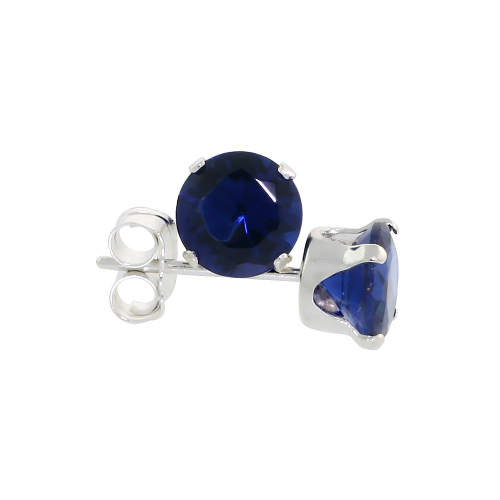 STERLING SILVER CUBIC ZIRCONIA SAPPHIRE EARRINGS STUDS 5 MM NAVY COLOR 1 CARAT/PAIR