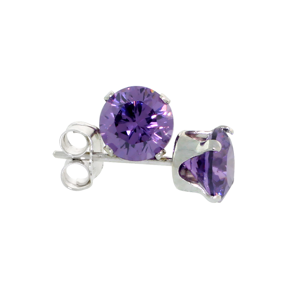 STERLING SILVER CUBIC ZIRCONIA AMETHYST EARRINGS STUDS 5 MM PURPLE COLOR 1 CARAT/PAIR