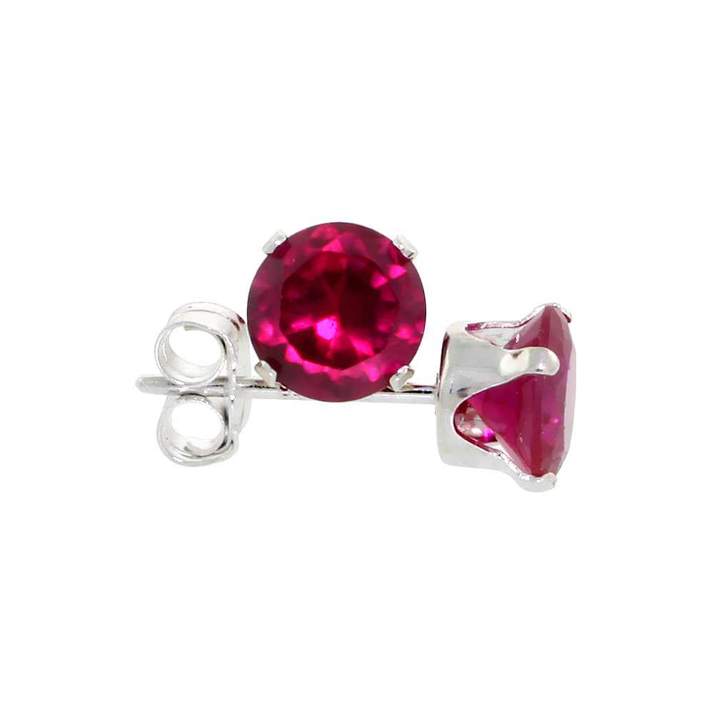 STERLING SILVER CUBIC ZIRCONIA RUBY EARRINGS STUDS 5 MM RED COLOR 1 CARAT/PAIR