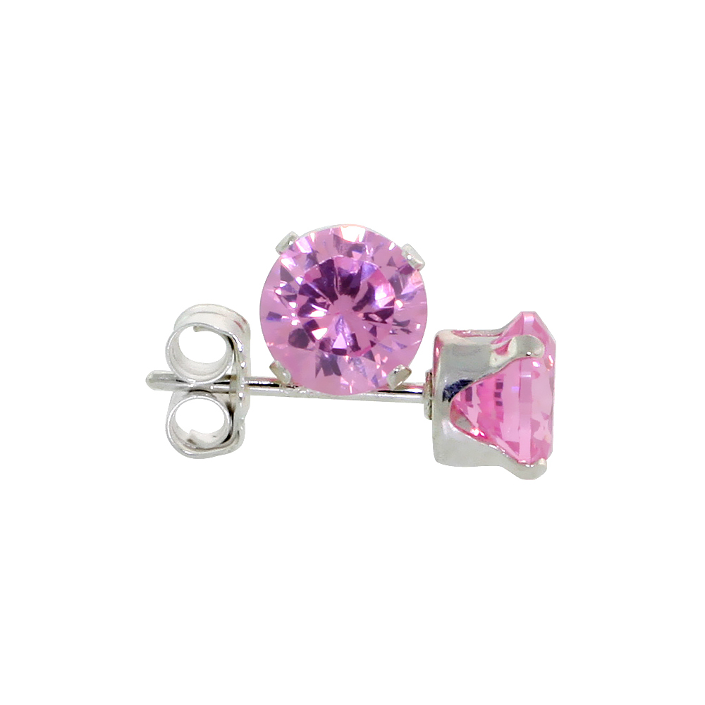STERLING SILVER CUBIC ZIRCONIA PINK ZIRCON EARRINGS STUDS 5 MM PINK COLOR 1 CARAT/PAIR
