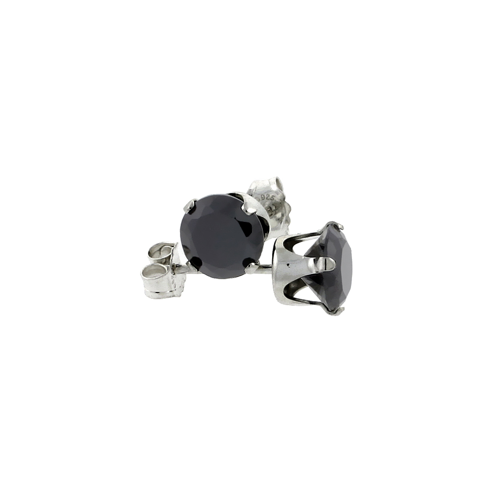 STERLING SILVER CUBIC ZIRCONIA BLACK EARRINGS STUDS 5 MM BLACK 1 CARAT/PAIR