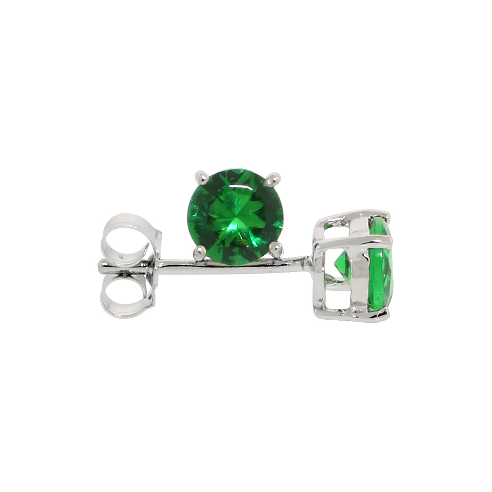 STERLING SILVER CZ EMERALD EARRINGS STUDS GREEN COLOR 5 MM PLATINUM COATED BASKET SETTING 1 CARAT/PR