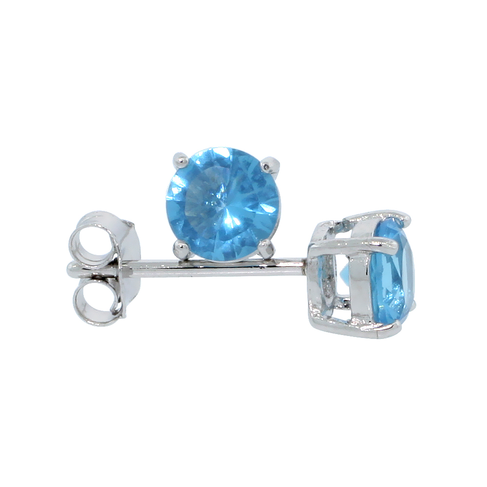 STERLING SILVER CZ BLUE TOPAZ EARRINGS STUDS BLUE COLOR 5 MM PLATINUM COATED BASKET SETTING 1 CARAT/PR