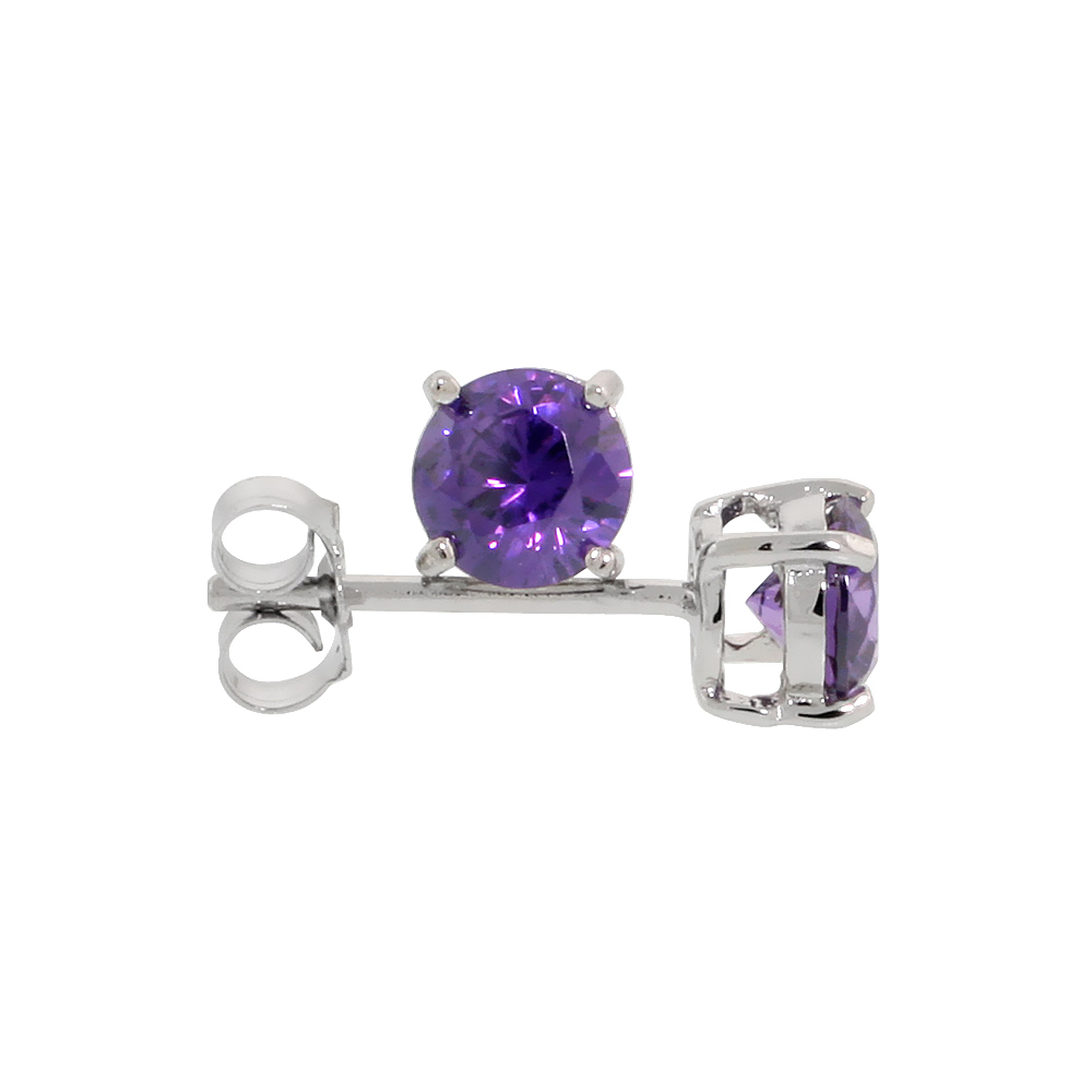 Sterling Silver CZ Amethyst Earrings Studs Purple Color 5 mm Platinum Coated Basket Setting 1 carat/pr