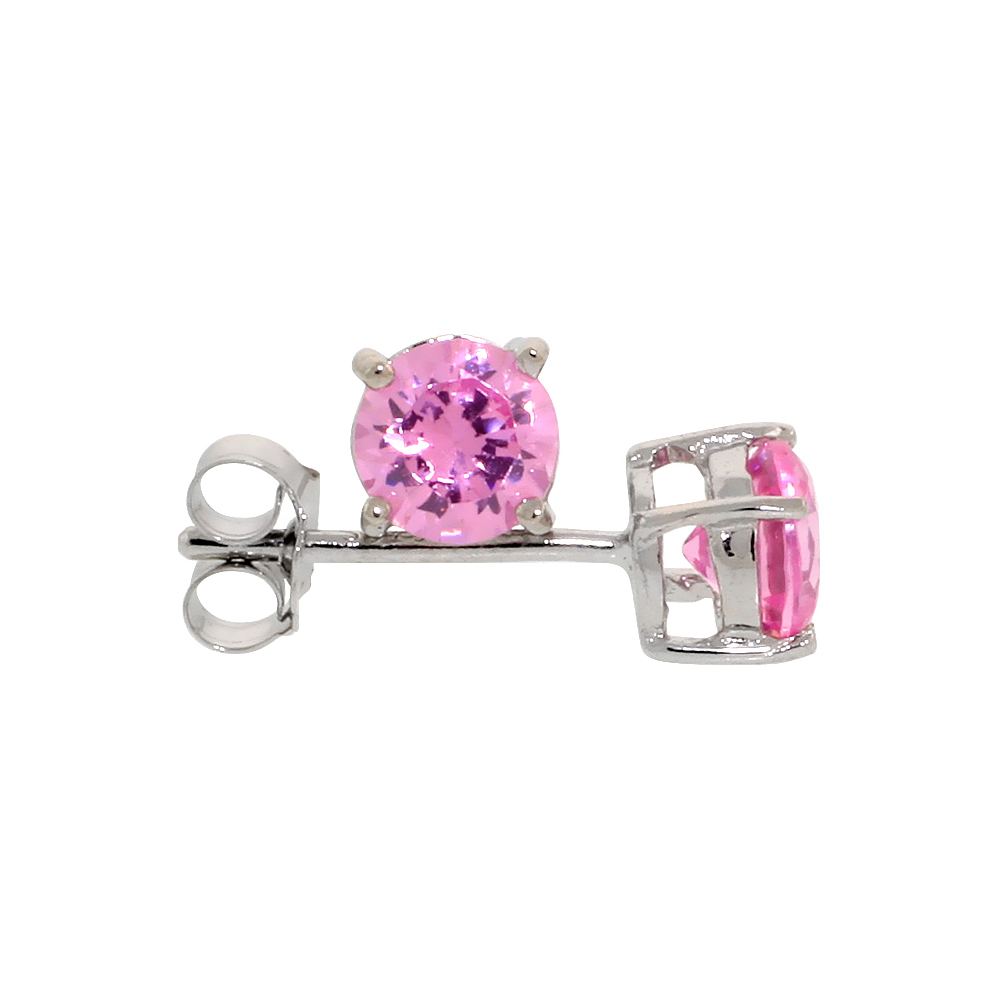 Sterling Silver CZ Pink Earrings Studs Pink Color 5 mm Platinum Coated Basket Setting 1 carat/pr