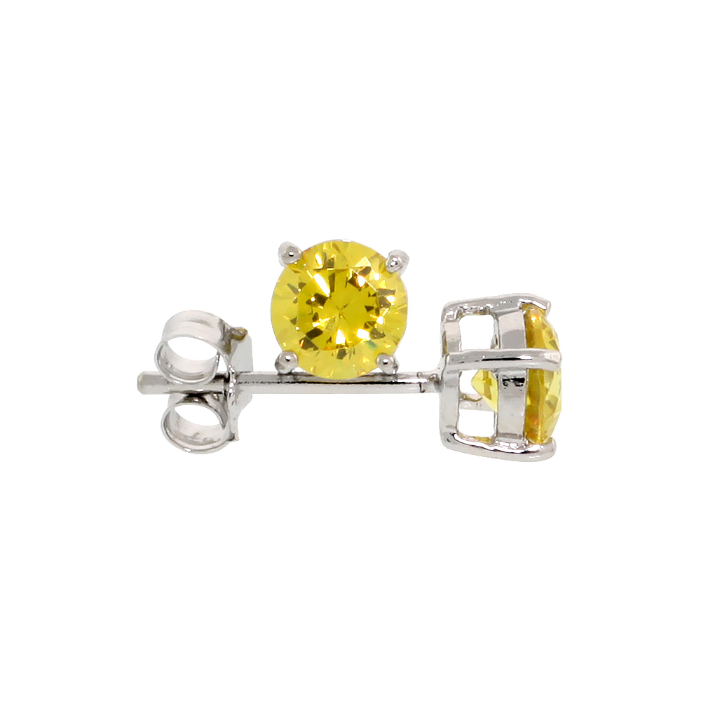 Sterling Silver CZ Citrine Earrings Studs YellowColor 5 mm Platinum Coated Basket Setting 1 carat/pr