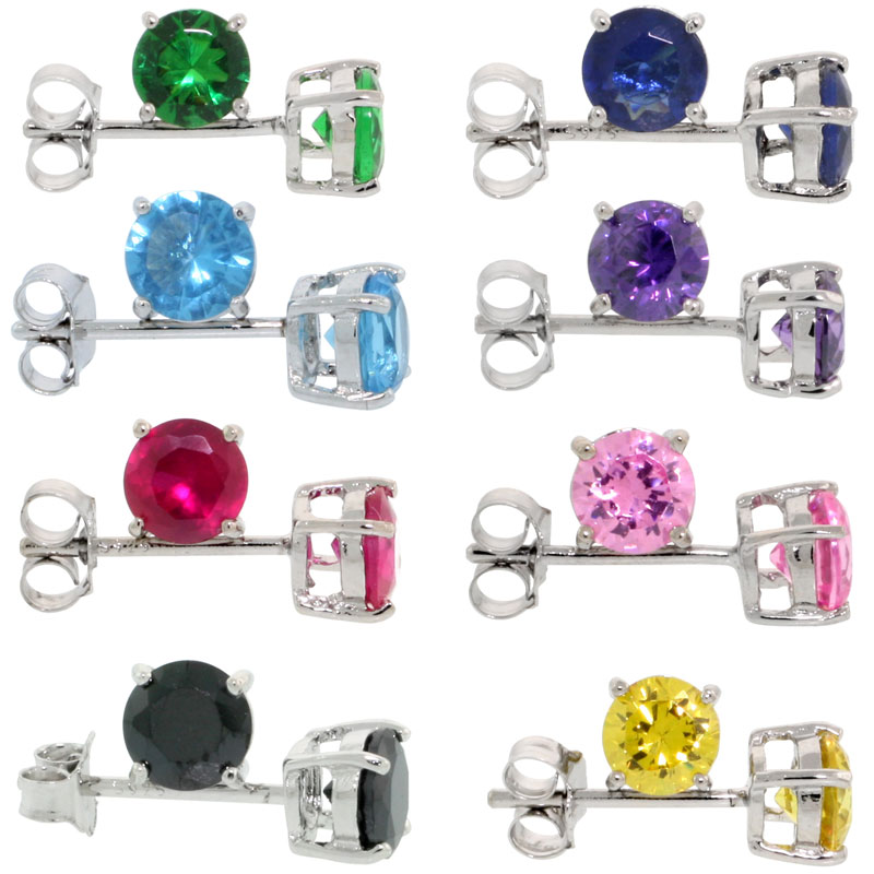 8 Colors Set Sterling Silver CZ Stud Earrings 1 carat/pair Basket Set Rhodium Finish Assorted Colors