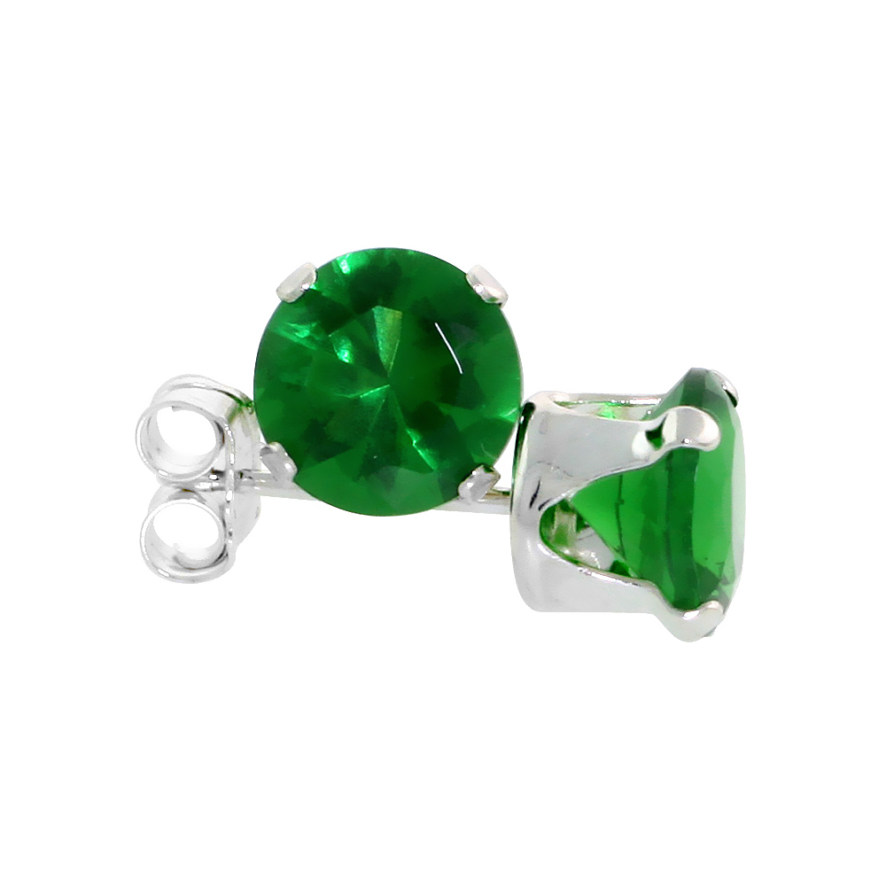 STERLING SILVER CUBIC ZIRCONIA EMERALD EARRINGS STUDS 6 MM ROUND BRILLIANT CUT GREEN COLOR 2 CARAT/PAIR
