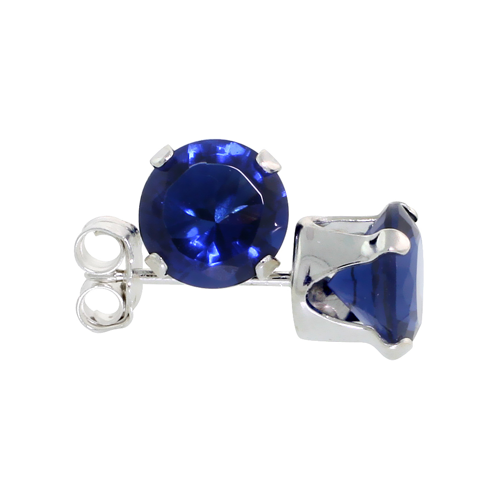 STERLING SILVER CUBIC ZIRCONIA SAPPHIRE EARRINGS STUDS 6 MM ROUND BRILLIANT CUT NAVY COLOR 2 CARAT/PAIR