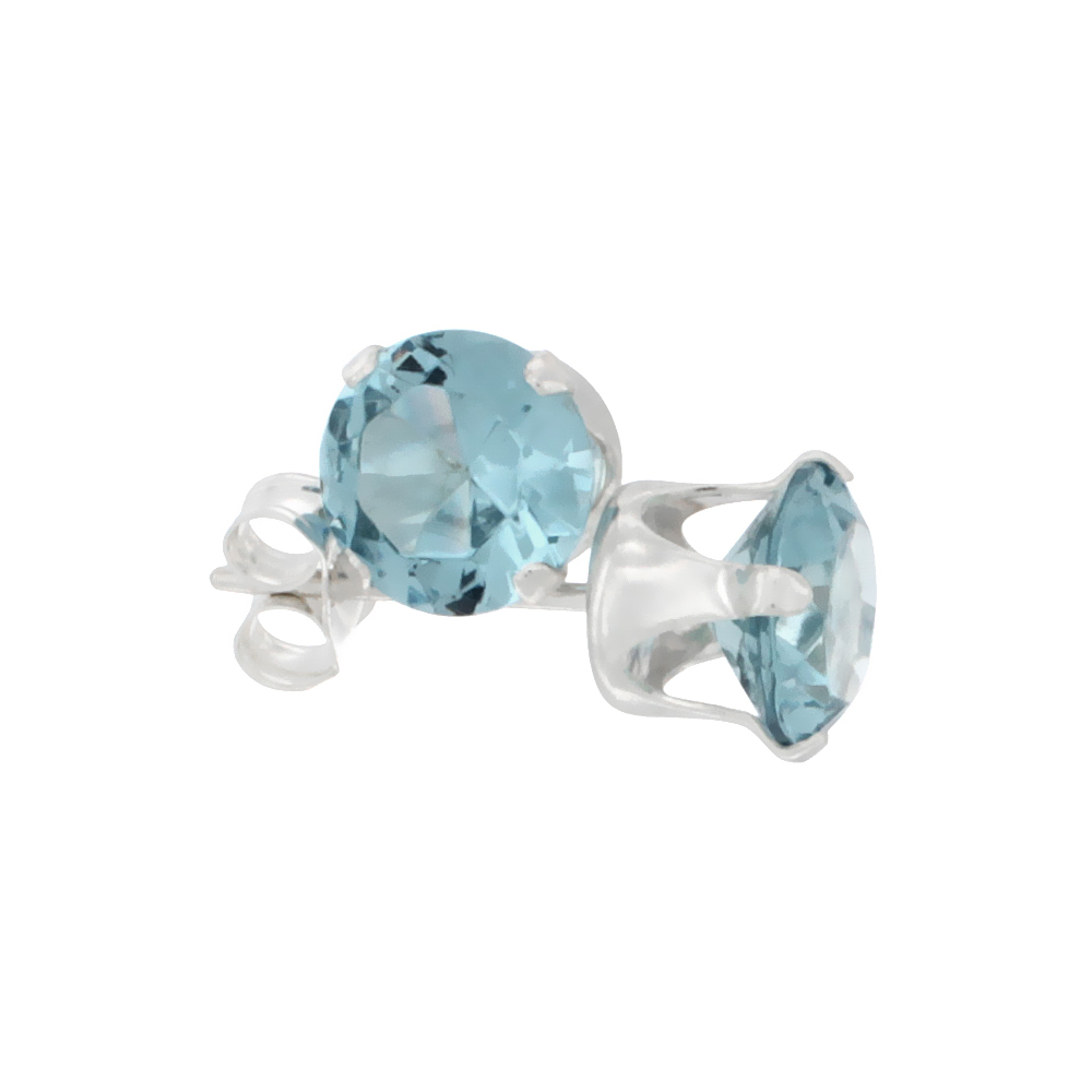 STERLING SILVER CUBIC ZIRCONIA BLUE TOPAZ EARRINGS STUDS 6 MM ROUND BRILLIANT CUT 2 CARAT/PAIR
