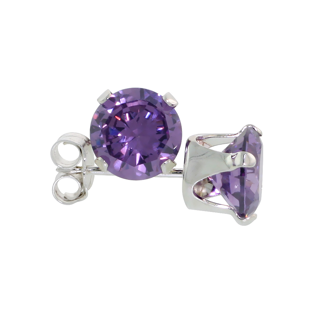 STERLING SILVER CUBIC ZIRCONIA AMETHYST EARRINGS STUDS 6 MM ROUND BRILLIANT CUT PURPLE COLOR 2 CARAT/PAIR