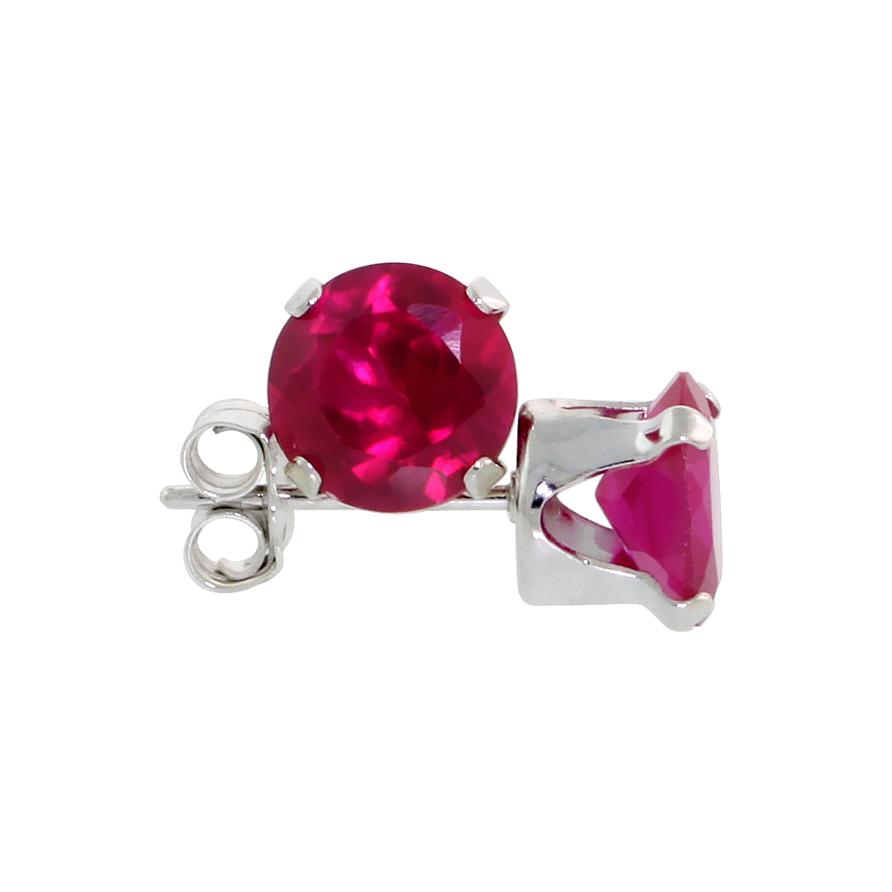 STERLING SILVER CUBIC ZIRCONIA RUBY EARRINGS STUDS 6 MM ROUND BRILLIANT CUT RED COLOR 2 CARAT/PAIR