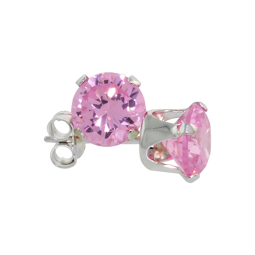 STERLING SILVER CUBIC ZIRCONIA PINK EARRINGS STUDS 6 MM ROUND BRILLIANT CUT PINK ZIRCON COLOR 2 CARAT/PAIR
