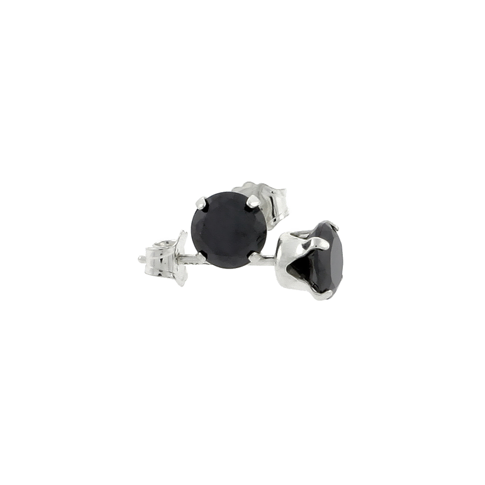 STERLING SILVER CUBIC ZIRCONIA BLACK EARRINGS STUDS 6 MM ROUND BRILLIANT CUT 2 CARAT/PAIR