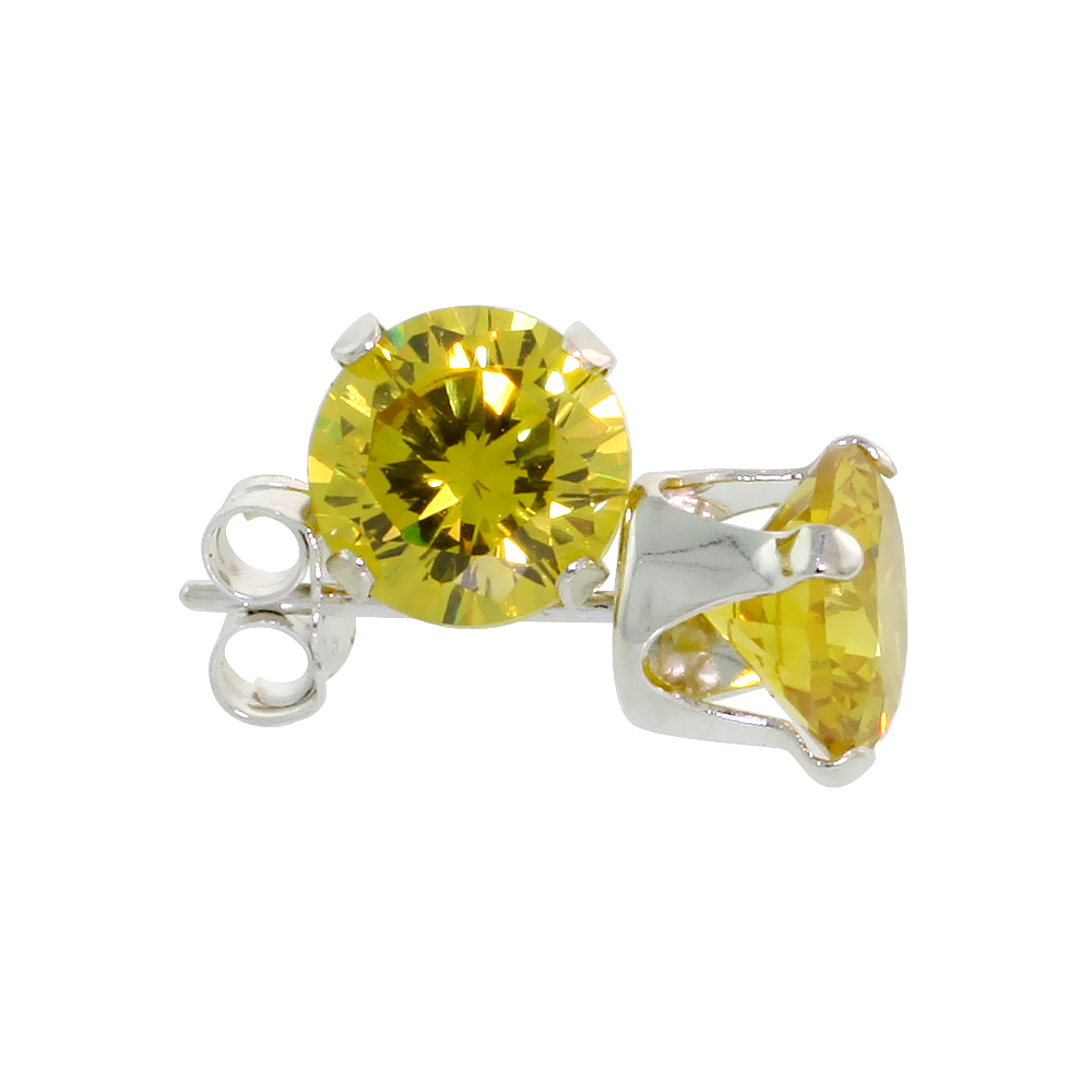 STERLING SILVER CUBIC ZIRCONIA CITRINE EARRINGS STUDS 6 MM ROUND BRILLIANT CUT YELLOW COLOR 2 CARAT/PAIR