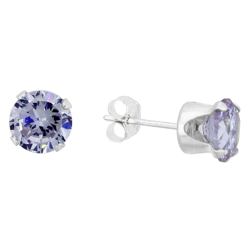 STERLING SILVER CUBIC ZIRCONIA LAVENDER EARRINGS STUDS 6 MM ROUND BRILLIANT CUT GREEN COLOR 2 CARAT/PAIR