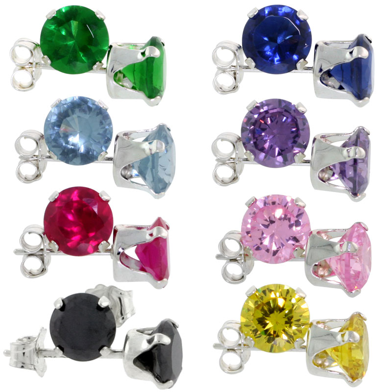 8-Pair Set Sterling Silver Color CZ Stud Earrings 6 mm Round Brilliant Cut Emerald, Blue Sapphire, Blue Topaz, Amethyst, Ruby, P