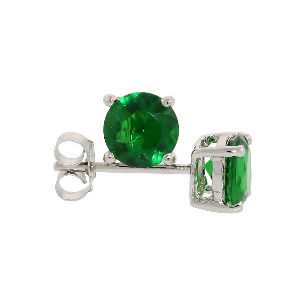 STERLING SILVER CZ EMERALD EARRINGS STUDS GREEN COLOR 6 MM PLATINUM COATED BASKET SETTING 2 CARAT/PR