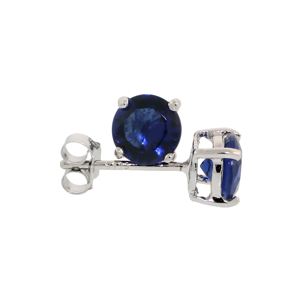 Sterling Silver CZ Sapphire Earrings Studs Navy Color 6 mm Platinum Coated Basket Setting 2 carat/pr