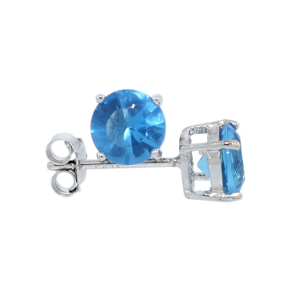 STERLING SILVER CZ BLUE TOPAZ EARRINGS STUDS BLUE COLOR 6 MM PLATINUM COATED BASKET SETTING 2 CARAT/PR