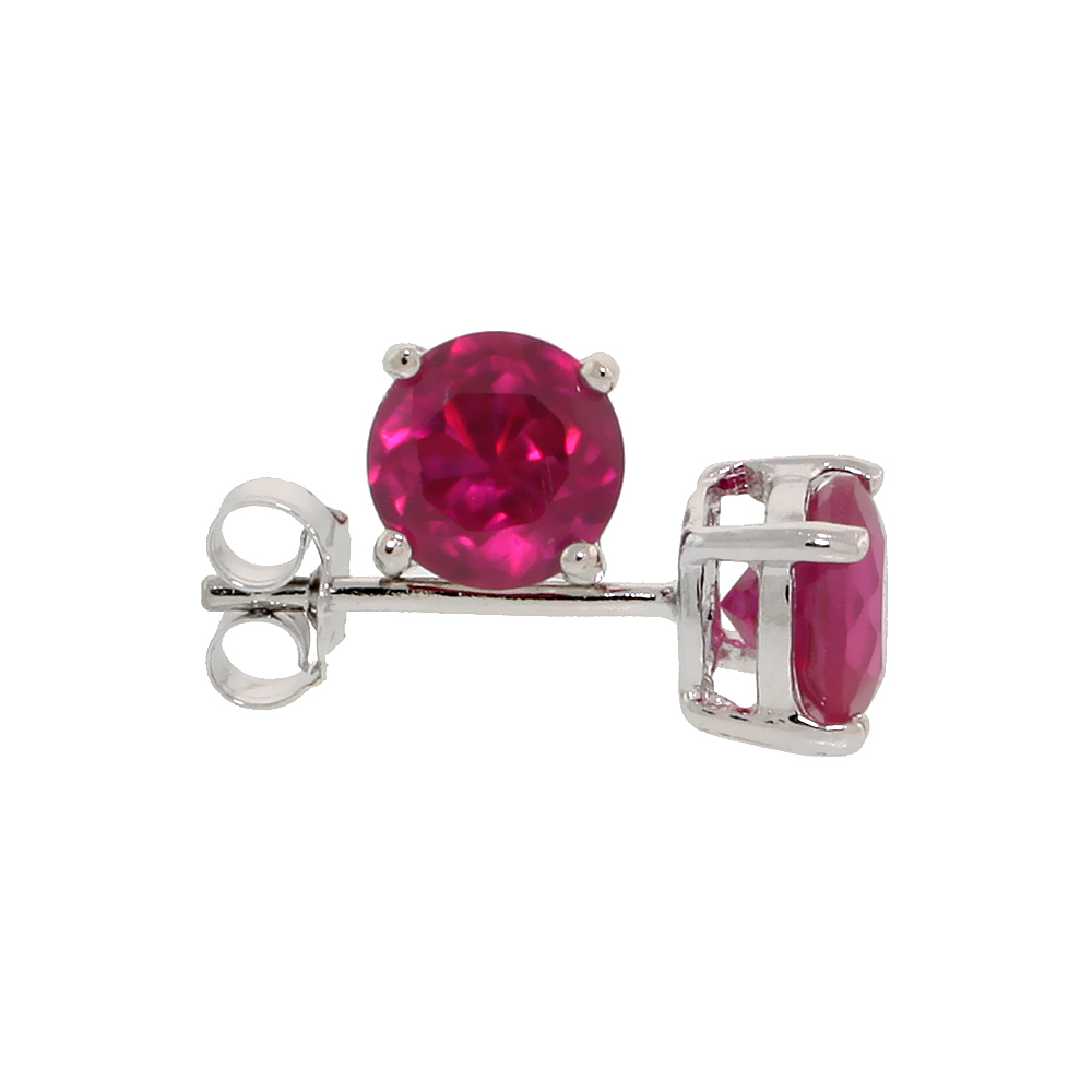 Sterling Silver CZ Ruby Earrings Studs Red Color 6 mm Platinum Coated Basket Setting 2 carat/pr