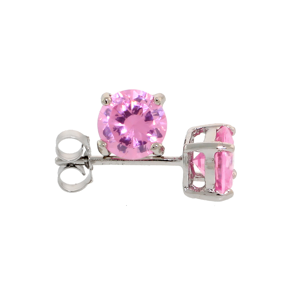 Sterling Silver CZ Pink Earrings Studs Pink Color 6 mm Platinum Coated Basket Setting 2 carat/pr