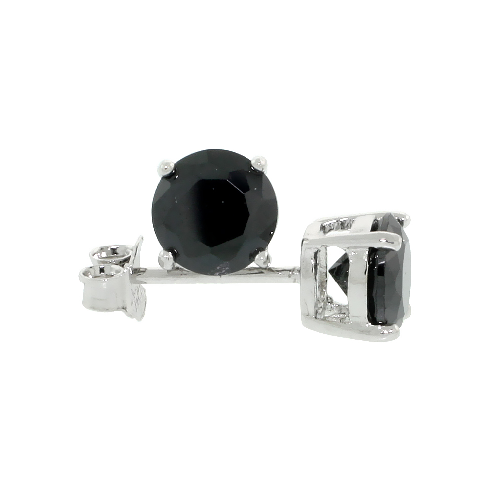 STERLING SILVER CZ BLACK EARRINGS STUDS BLACK COLOR 6 MM PLATINUM COATED BASKET SETTING 2 CARAT/PR