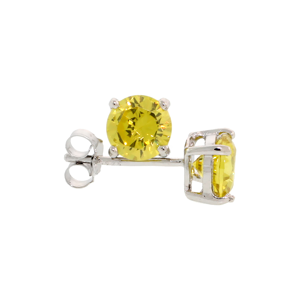 Sterling Silver CZ Citrine Earrings Studs YellowColor 6 mm Platinum Coated Basket Setting 2 carat/pr