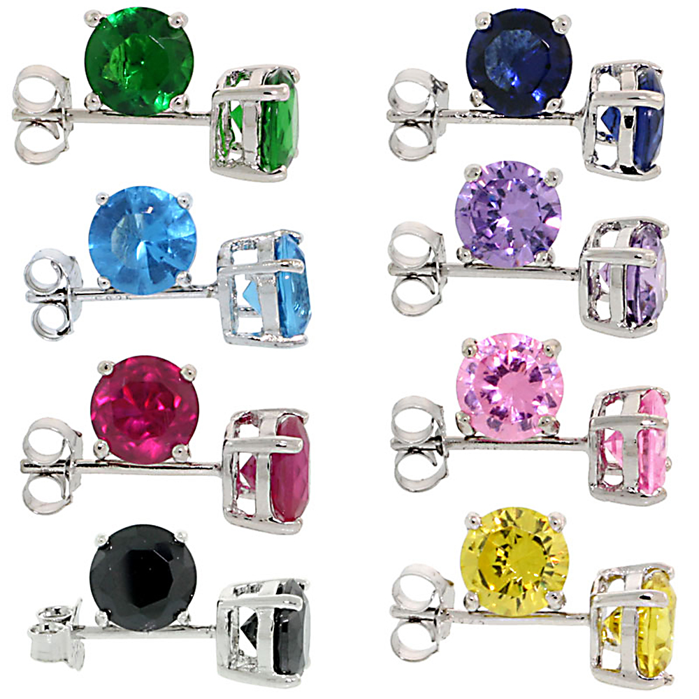 8 COLORS SET STERLING SILVER CZ STUD EARRINGS 2 CARAT/PAIR BASKET SET RHODIUM FINISH ASSORTED COLORS,