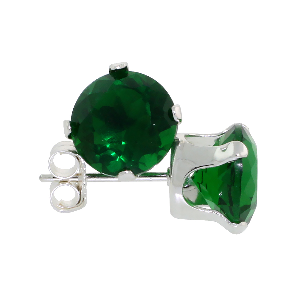 Sterling Silver Brilliant Cut Cubic Zirconia Stud Earrings 7 mm Emerald Green Color 2 1/2 ct/pr