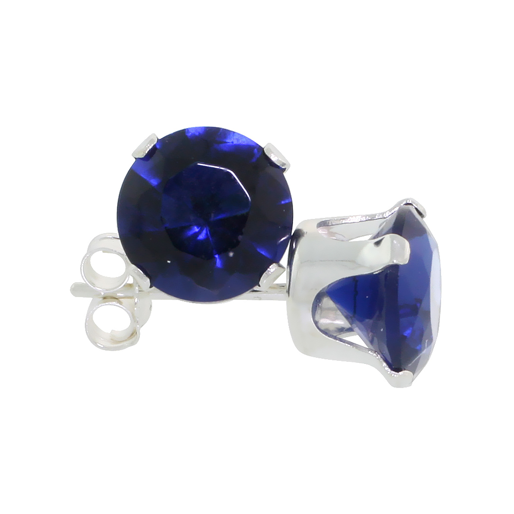 STERLING SILVER CUBIC ZIRCONIA SAPPHIRE EARRINGS STUDS 7 MM NAVY COLOR 2 1/2 CARAT/PAIR