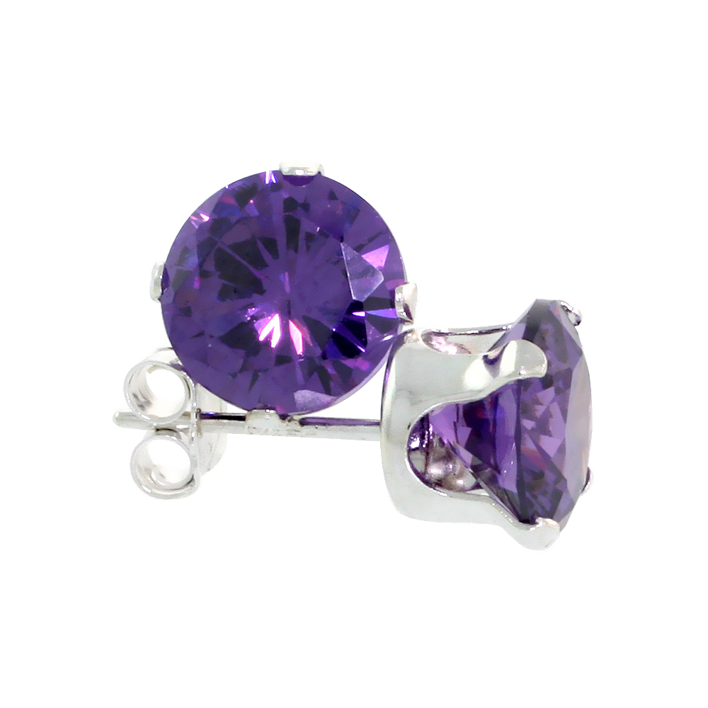 STERLING SILVER CUBIC ZIRCONIA AMETHYST EARRINGS STUDS 7 MM PURPLE COLOR 2 1/2 CARAT/PAIR