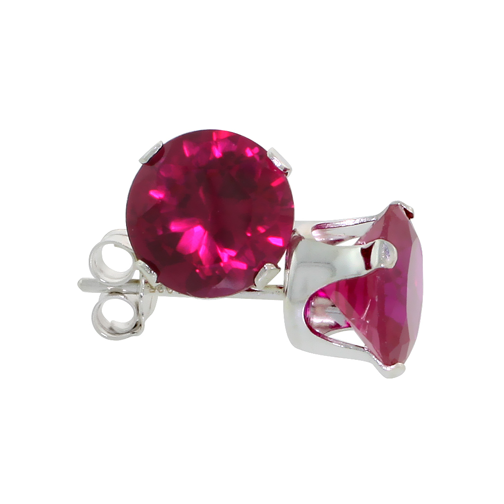 STERLING SILVER CUBIC ZIRCONIA RUBY EARRINGS STUDS 7 MM RED COLOR 2 1/2 CARAT/PAIR