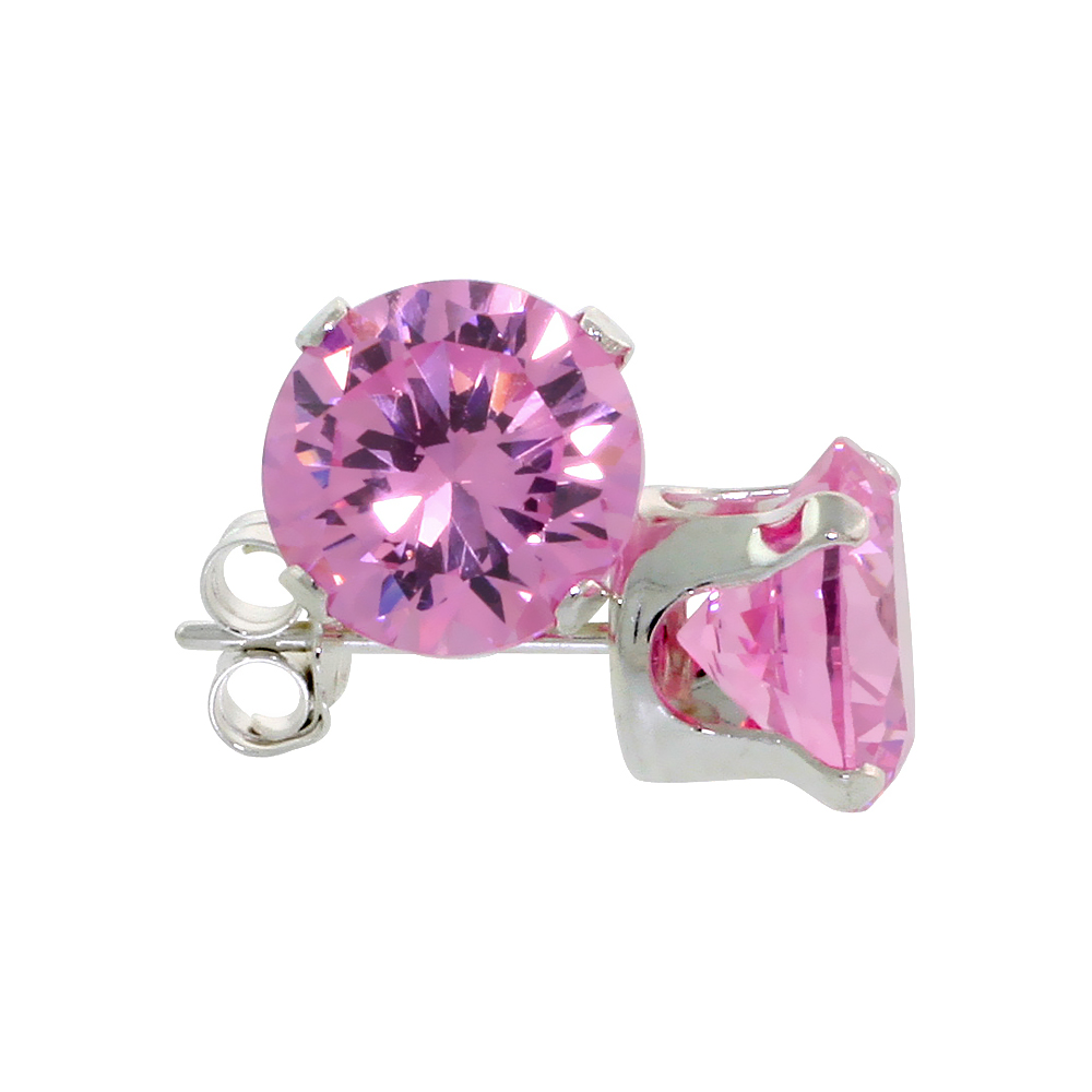 STERLING SILVER CUBIC ZIRCONIA PINK ZIRCON EARRINGS STUDS 7 MM PINK COLOR 2 1/2 CARAT/PAIR
