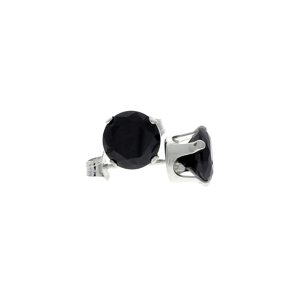 STERLING SILVER CUBIC ZIRCONIA BLACK EARRINGS STUDS 7 MM BLACK 2 1/2 CARAT/PAIR